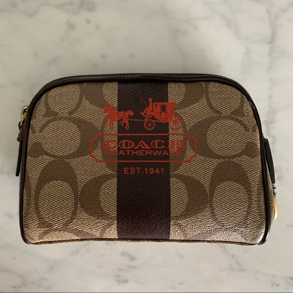Coach Handbags - Coach Brown Heritage Monogram Stripe Cosmetics Bag